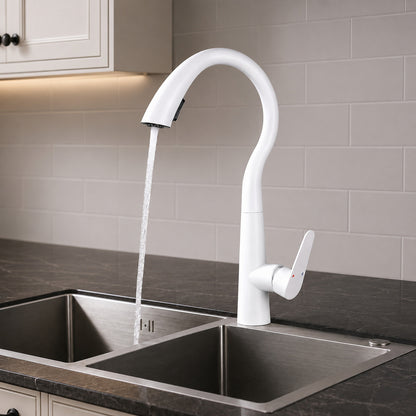 Pull-Down Kitchen Faucet, High Arc Single-Handle Brass Sink Faucet, Gunmetal / Matte White / Matte Black / Brushed Nickel