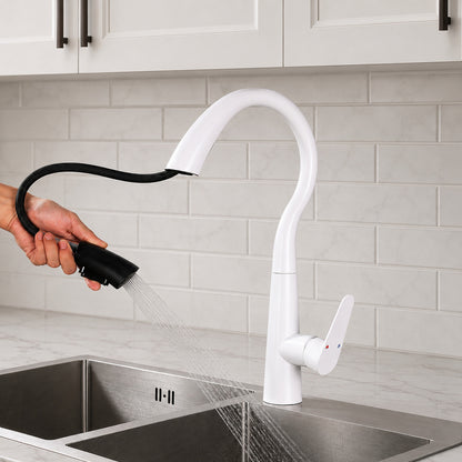 Pull-Down Kitchen Faucet, High Arc Single-Handle Brass Sink Faucet, Gunmetal / Matte White / Matte Black / Brushed Nickel