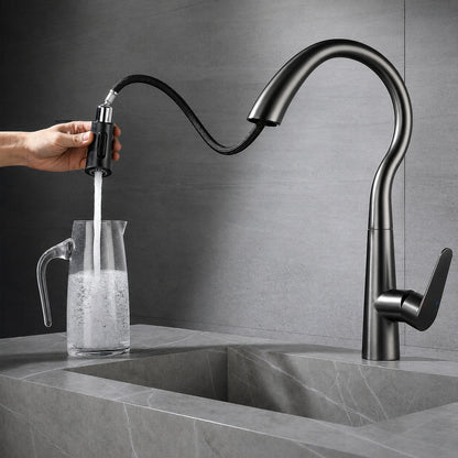 Pull-Down Kitchen Faucet, High Arc Single-Handle Brass Sink Faucet, Gunmetal / Matte White / Matte Black / Brushed Nickel