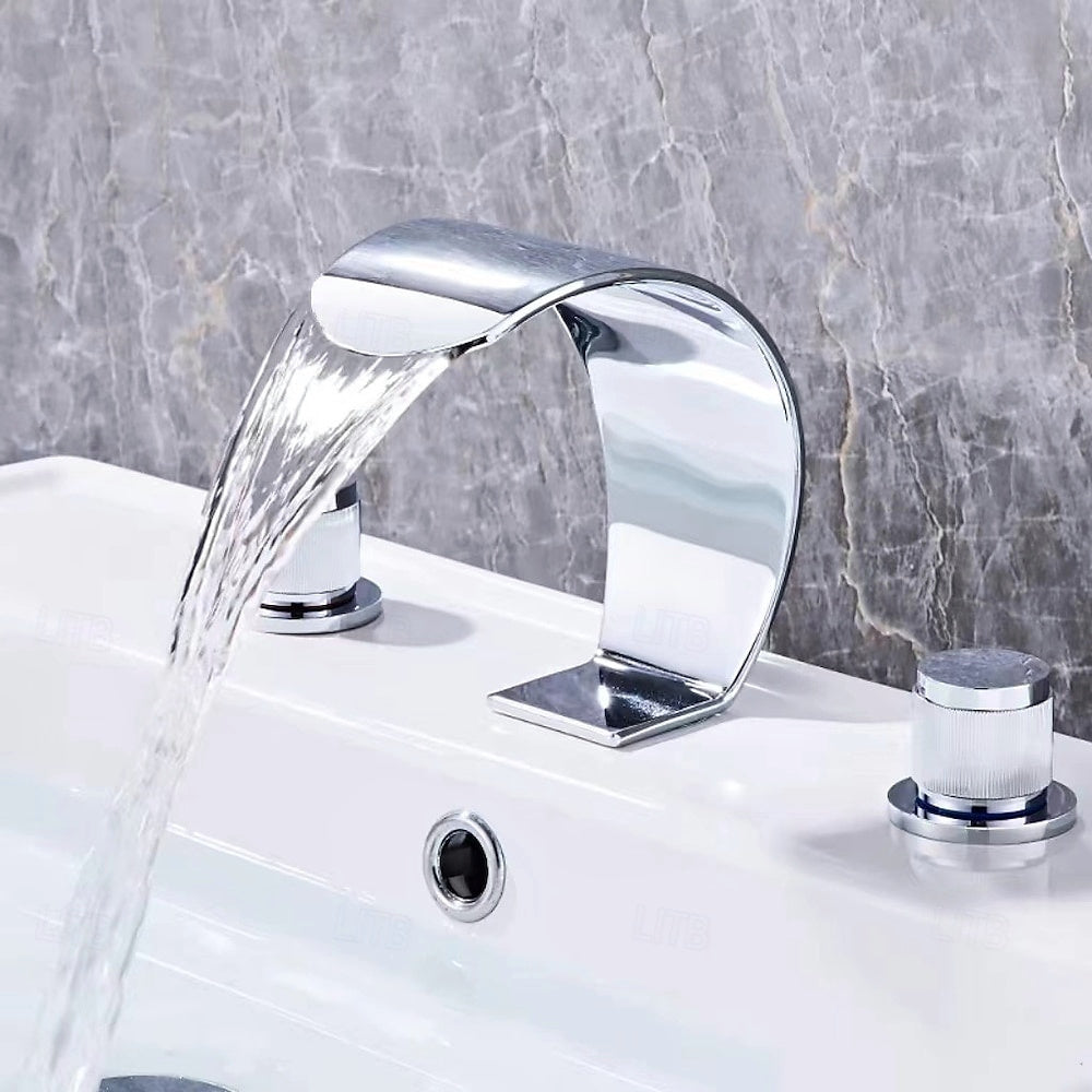 Modern Waterfall Widespread Bathroom Faucet, Double Knob Handle Brass Faucet, Brushed Gold / Matte Black / Chrome / Gunmetal / Matte White