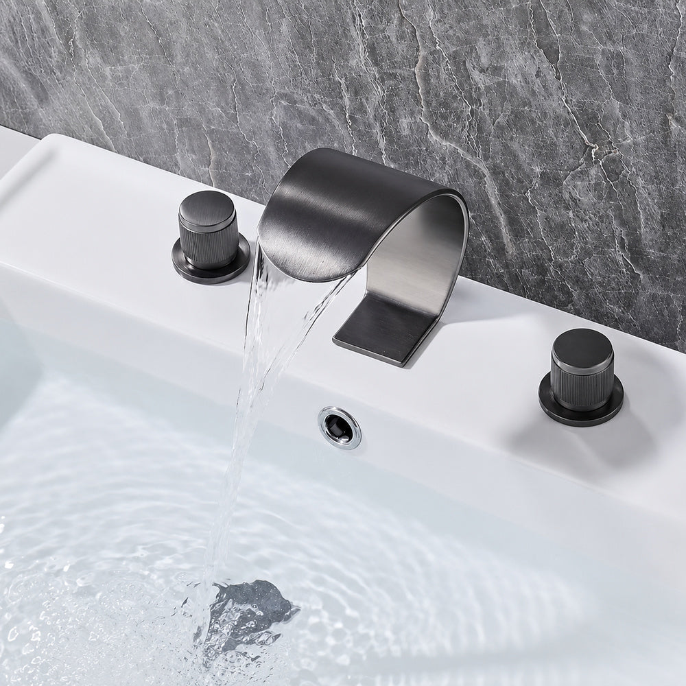 Modern Waterfall Widespread Bathroom Faucet, Double Knob Handle Brass Faucet, Brushed Gold / Matte Black / Chrome / Gunmetal / Matte White