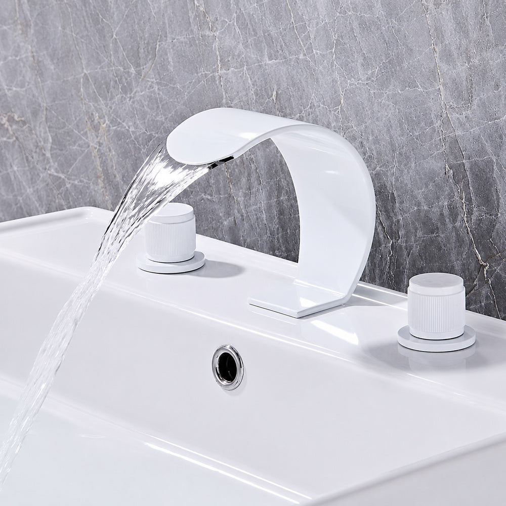 Modern Waterfall Widespread Bathroom Faucet, Double Knob Handle Brass Faucet, Brushed Gold / Matte Black / Chrome / Gunmetal / Matte White