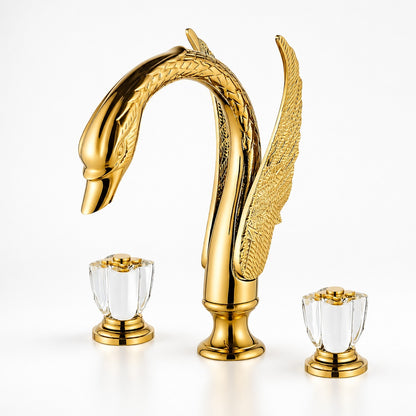 Polished Gold Swan Design Widespread Bathroom Faucet, 3-Hole Dual-Handle Faucet with Crystal Knob Handles