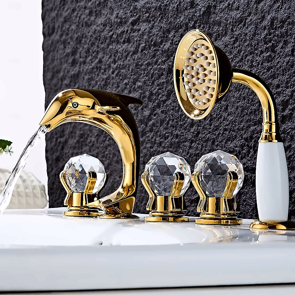 Polished Gold Dolphin Roman Tub Faucet, 5-Hole Deck-Mount Tub Filler with Handheld Shower / Crystal Knob Handles