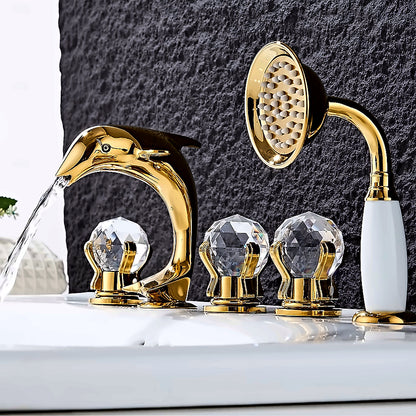 Polished Gold Dolphin Roman Tub Faucet, 5-Hole Deck-Mount Tub Filler with Handheld Shower / Crystal Knob Handles