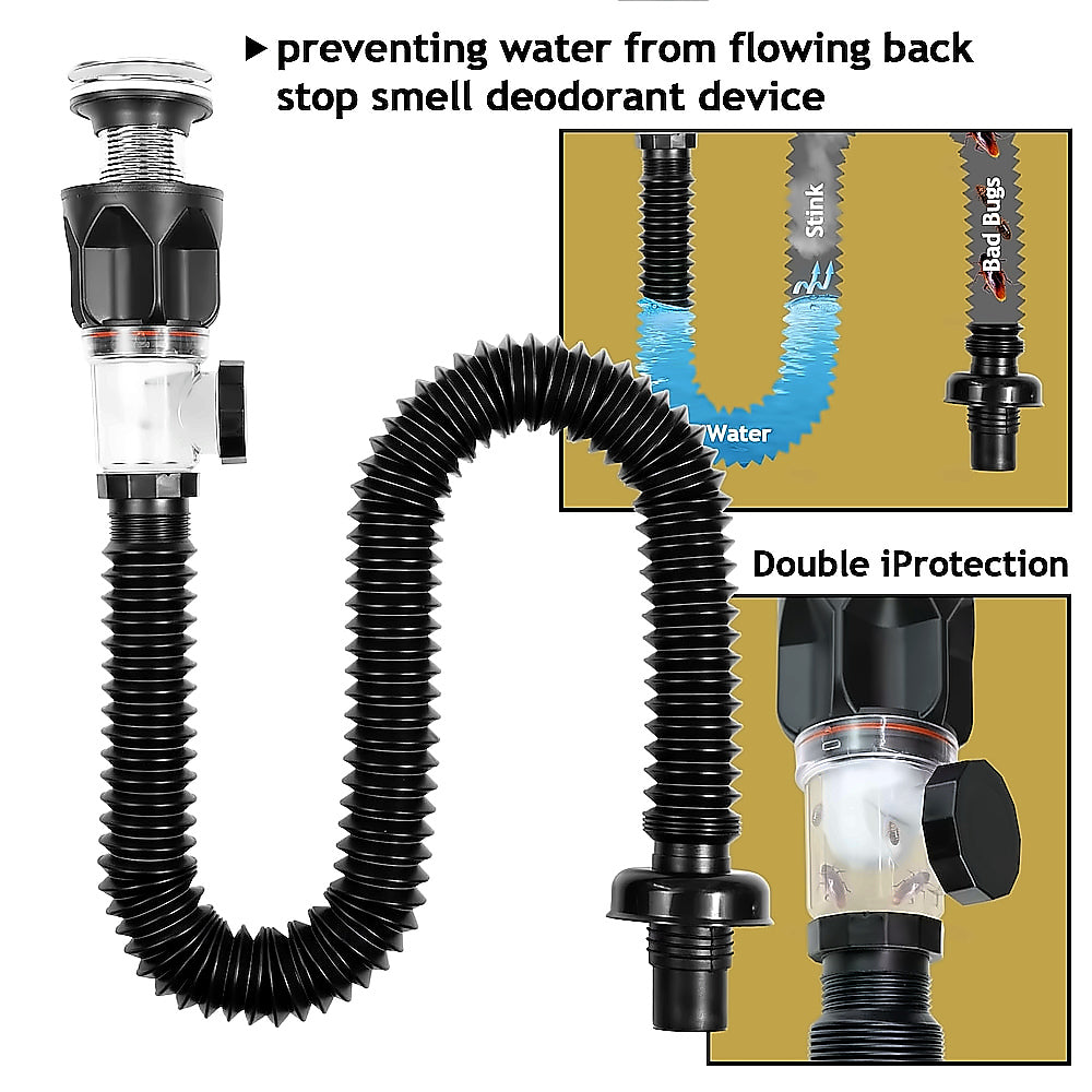 Chrome Pop-Up Bathroom Sink Drain Kit, Flexible Expandable P-Trap Pipe with Anti-Clogging Stopper