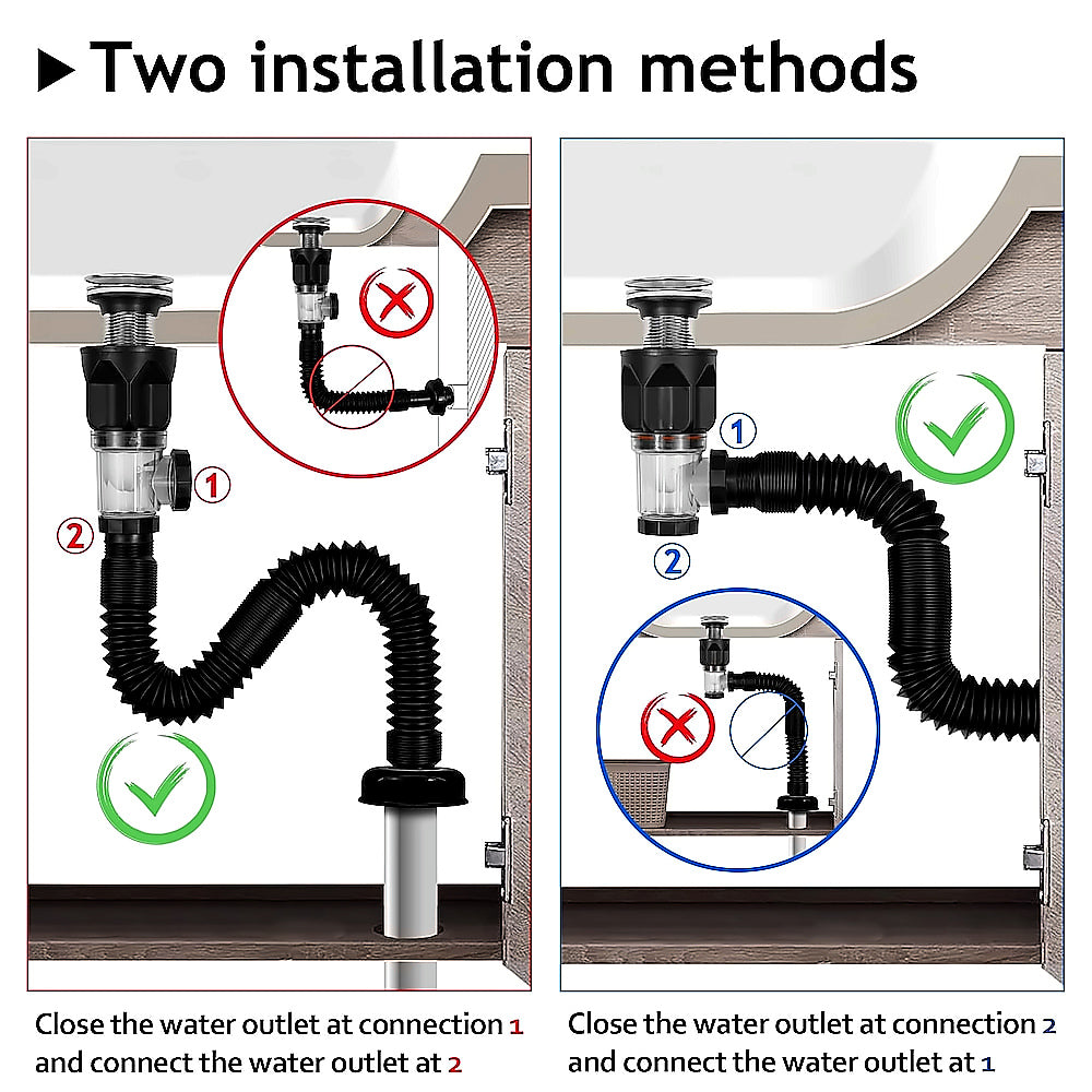 Chrome Pop-Up Bathroom Sink Drain Kit, Flexible Expandable P-Trap Pipe with Anti-Clogging Stopper