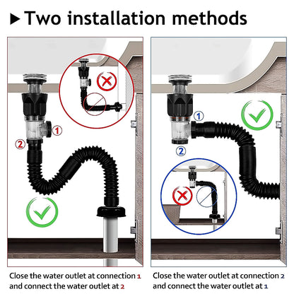 Chrome Pop-Up Bathroom Sink Drain Kit, Flexible Expandable P-Trap Pipe with Anti-Clogging Stopper