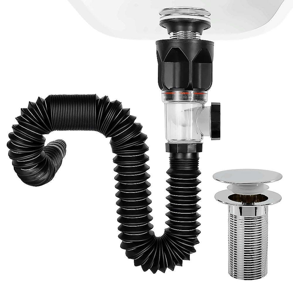 Chrome Pop-Up Bathroom Sink Drain Kit, Flexible Expandable P-Trap Pipe with Anti-Clogging Stopper