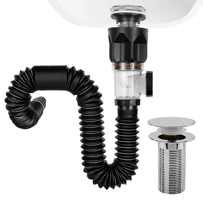 Chrome Pop-Up Bathroom Sink Drain Kit, Flexible Expandable P-Trap Pipe with Anti-Clogging Stopper