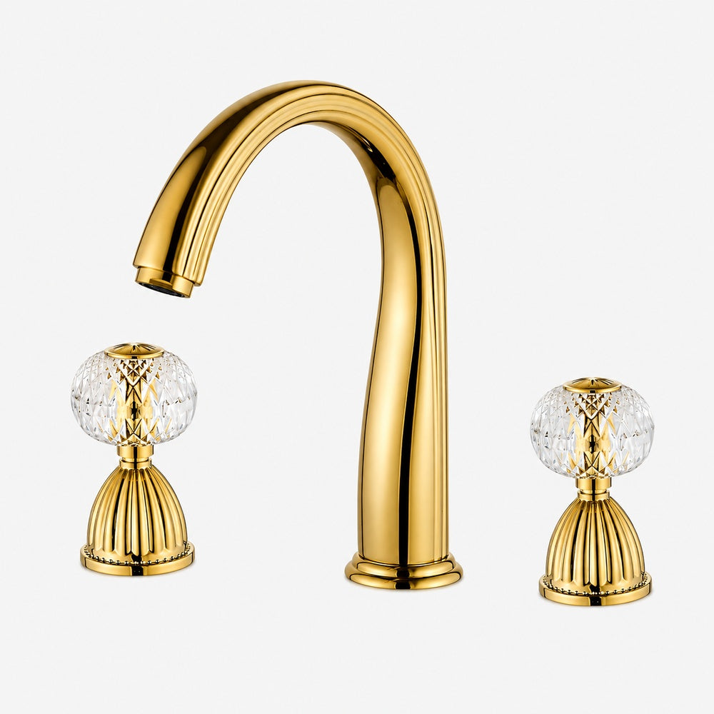 Polished Gold Modern 3-Hole Widespread Bathroom Sink Faucet, High Arc Spout Faucet with Faceted Crystal Knob Handles