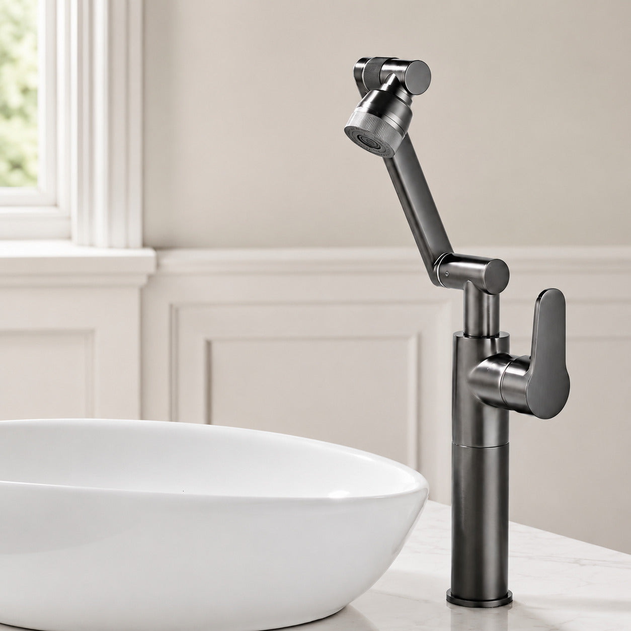 Single-Handle Swivel Arm Bathroom Faucet, Single-Hole Basin Faucet with Dual Spray Nozzle, Antique Brass / Brushed Gold / Chrome / Gunmetal / Matte Black