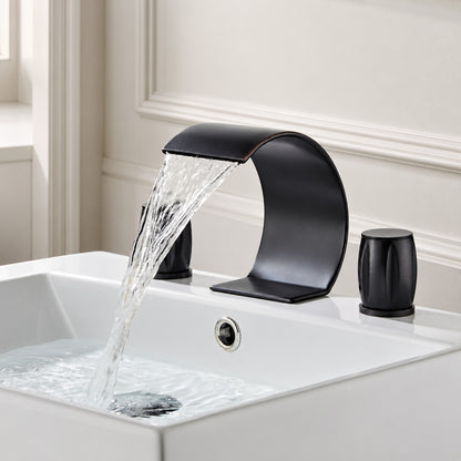 Waterfall Widespread Bathroom Faucet, 3-Hole Dual-Handle Faucet, Matte Black / Brushed Gold / Brushed Nickel / Chrome / Gunmetal / Antique Brass / Oil-Rubbed Bronze
