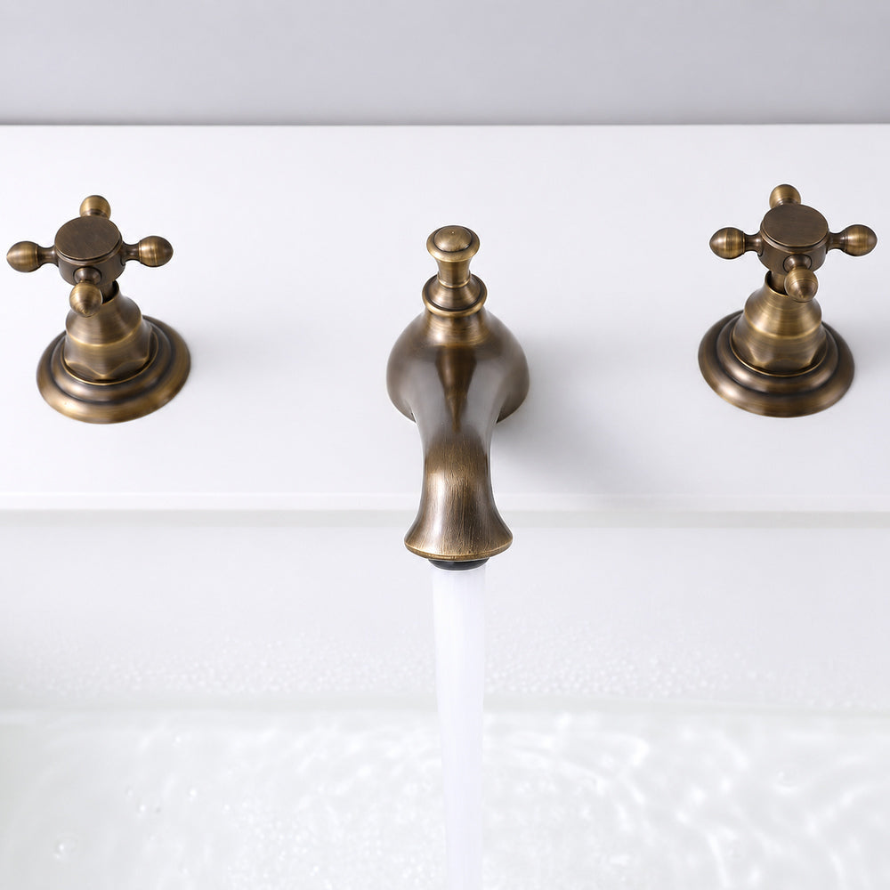 Antique Brass Traditional Widespread Bathroom Faucet, Dual Cross Handles 3-Hole Basin Tap