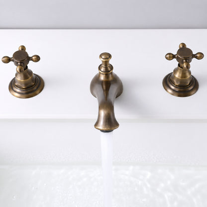 Antique Brass Traditional Widespread Bathroom Faucet, Dual Cross Handles 3-Hole Basin Tap