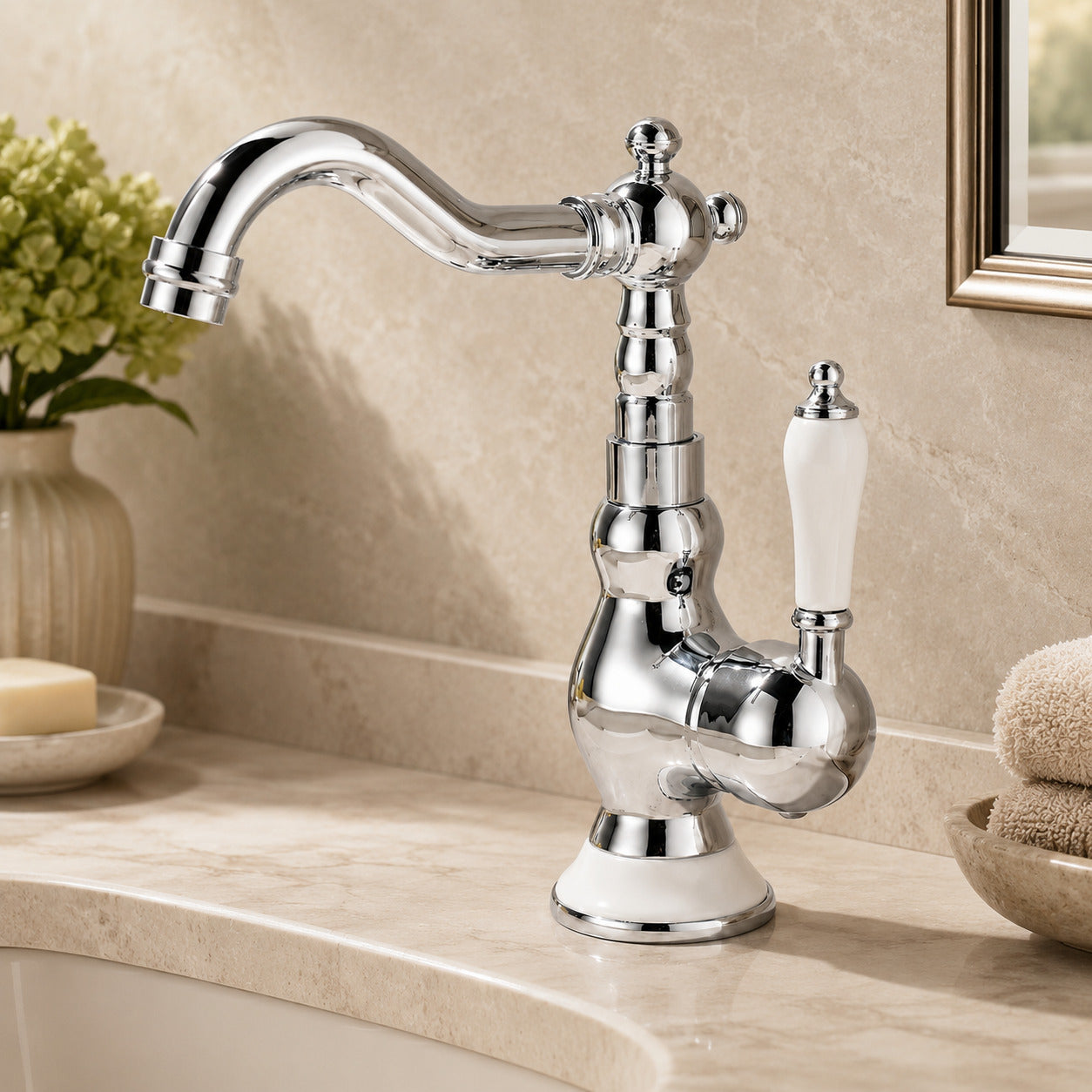 Vintage Single-Hole Bathroom Faucet, Single-Handle Swivel Spout Basin Faucet, Polished Gold / Chrome / Matte White / Gunmetal / Antique Brass