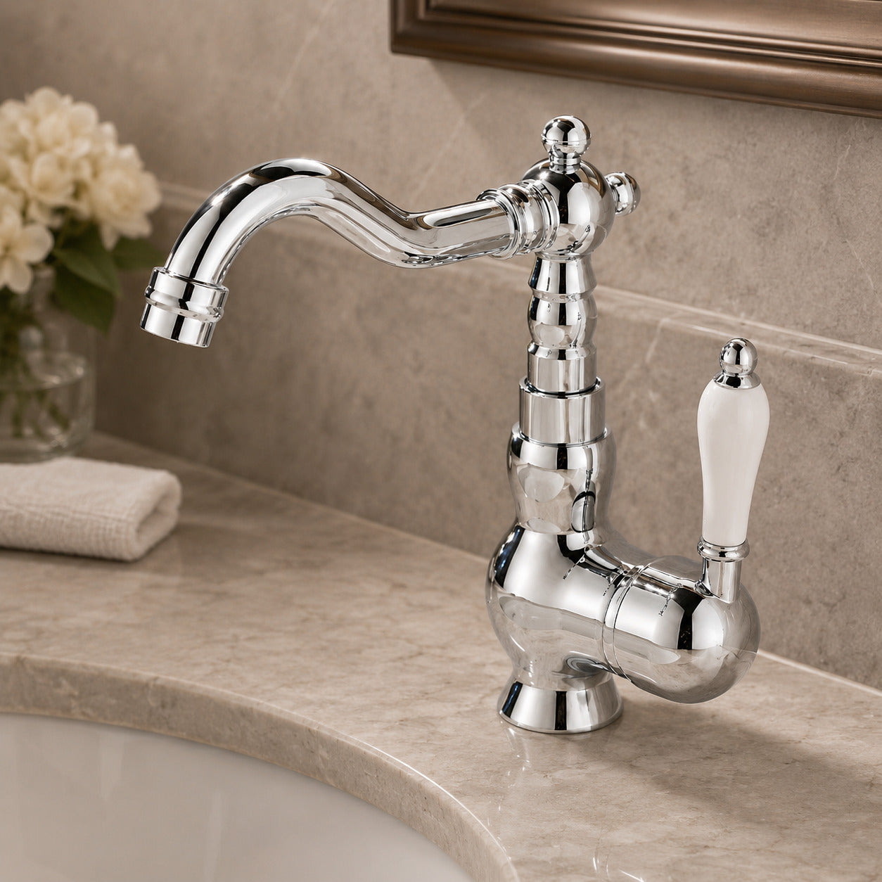 Vintage Single-Hole Bathroom Faucet, Single-Handle Swivel Spout Basin Faucet, Polished Gold / Chrome / Matte White / Gunmetal / Antique Brass