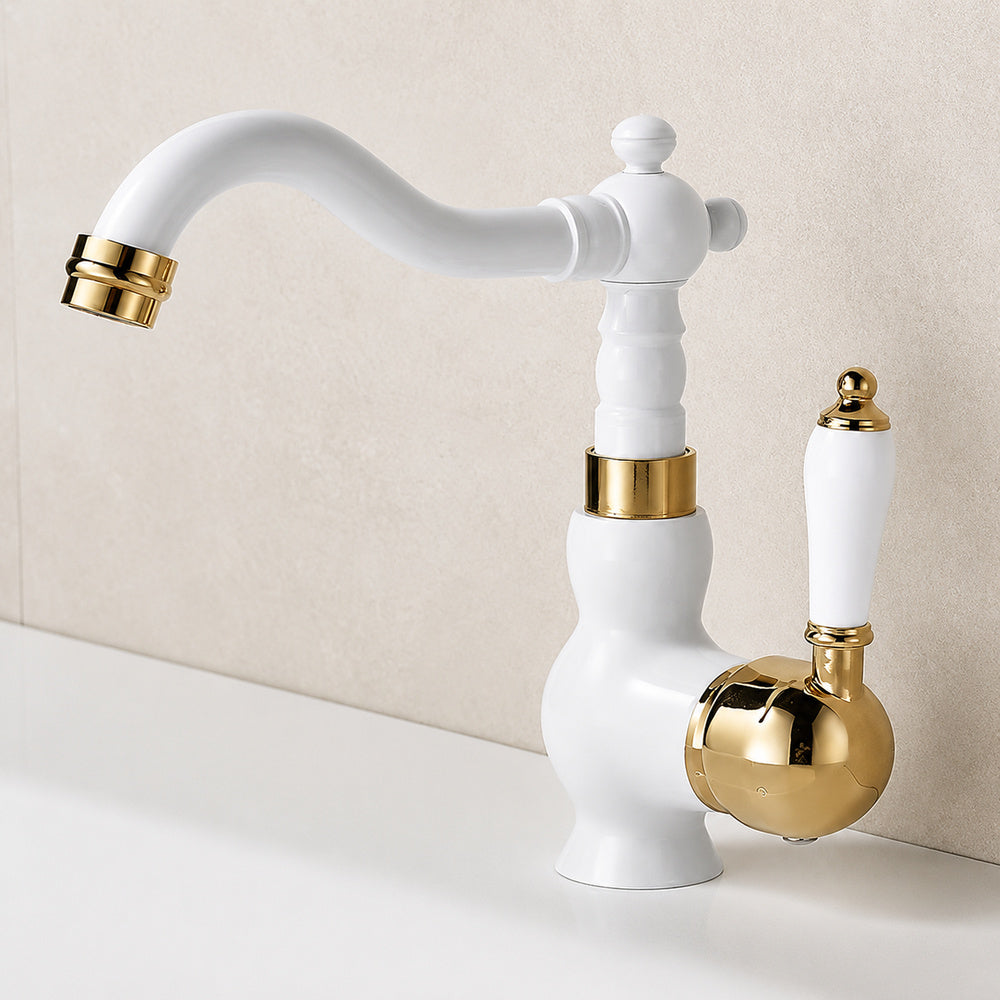 Vintage Single-Hole Bathroom Faucet, Single-Handle Swivel Spout Basin Faucet, Polished Gold / Chrome / Matte White / Gunmetal / Antique Brass