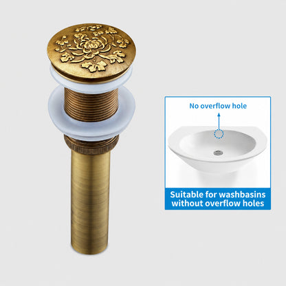 Antique Brass Engraved Bathroom Sink Pop-Up Drain, Solid Brass Vanity Basin Drain Assembly, With / Without Overflow