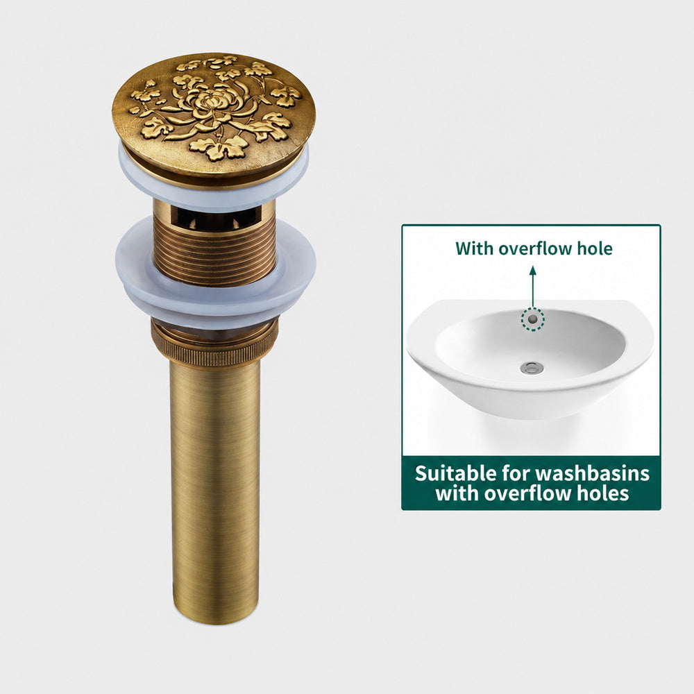 Antique Brass Engraved Bathroom Sink Pop-Up Drain, Solid Brass Vanity Basin Drain Assembly, With / Without Overflow