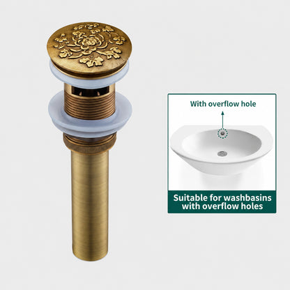 Antique Brass Engraved Bathroom Sink Pop-Up Drain, Solid Brass Vanity Basin Drain Assembly, With / Without Overflow