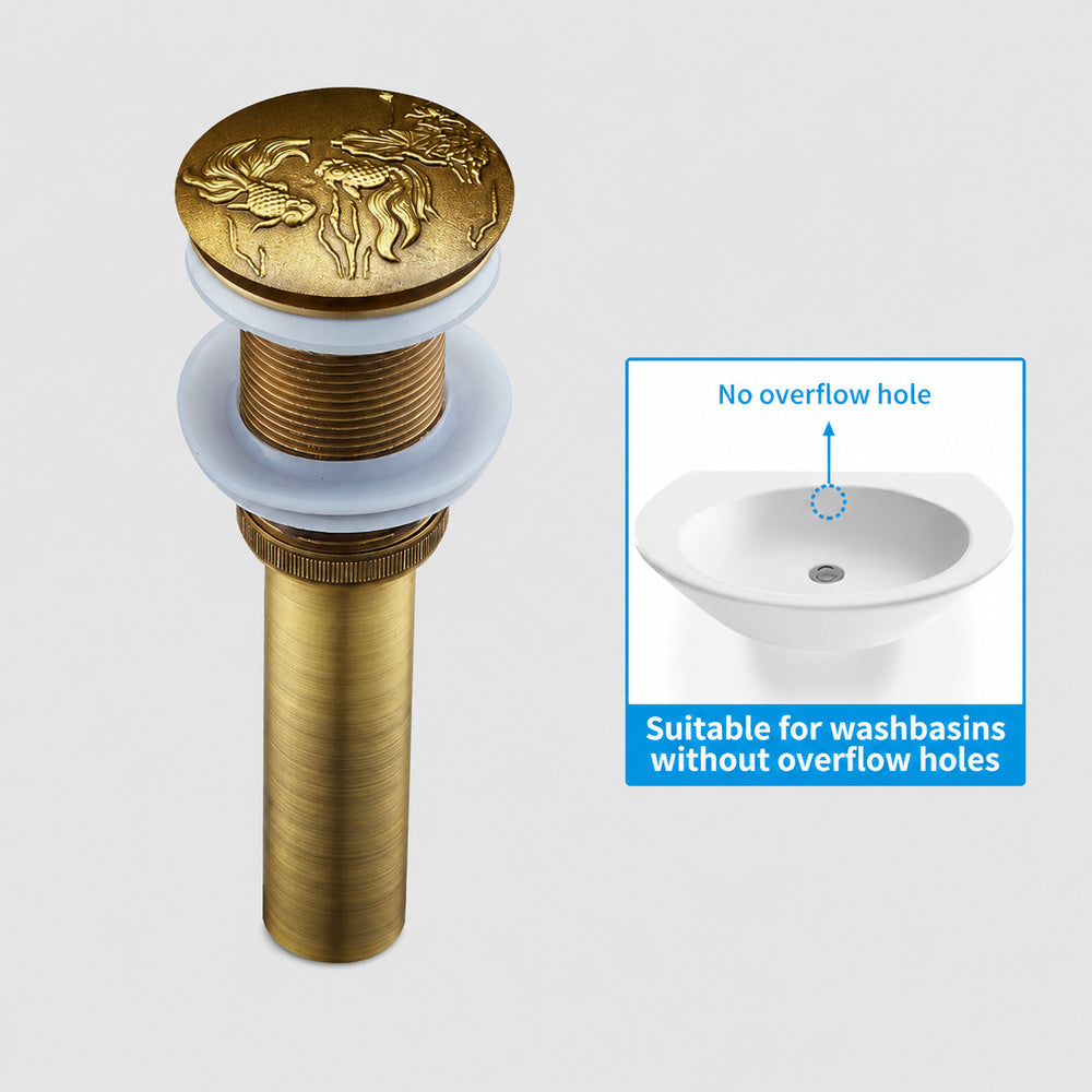Antique Brass Engraved Bathroom Sink Pop-Up Drain, Solid Brass Vanity Basin Drain Assembly, With / Without Overflow