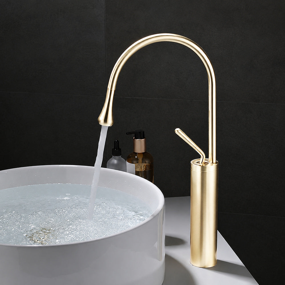 Brushed Gold High-Arc Vessel Sink Faucet, Single-Handle Bathroom Basin Faucet