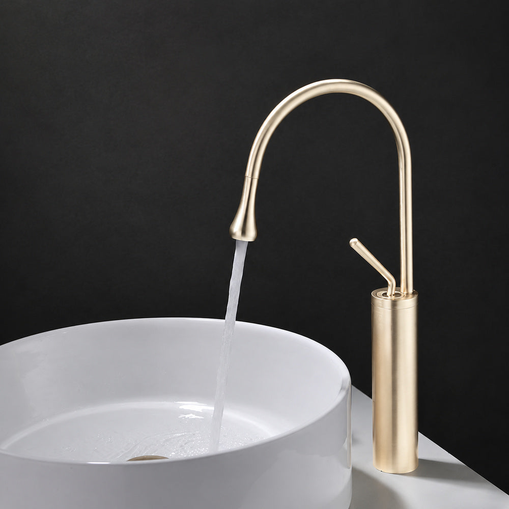 Brushed Gold High-Arc Vessel Sink Faucet, Single-Handle Bathroom Basin Faucet