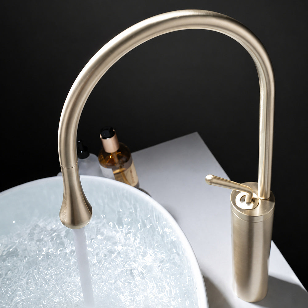 Brushed Gold High-Arc Vessel Sink Faucet, Single-Handle Bathroom Basin Faucet