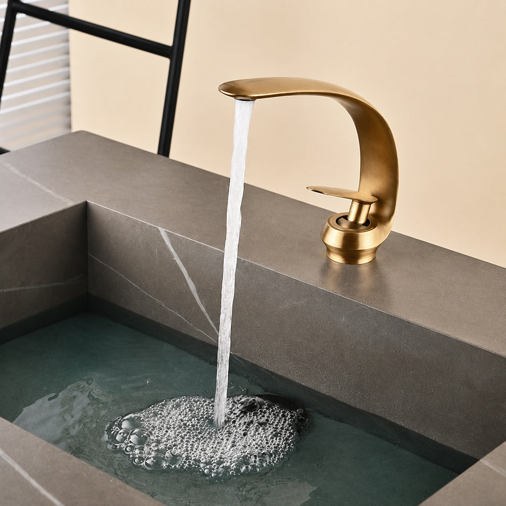 High Arc Spout Modern Single-Hole Bathroom Faucet, Single-Handle Brass Body Sink Faucet
