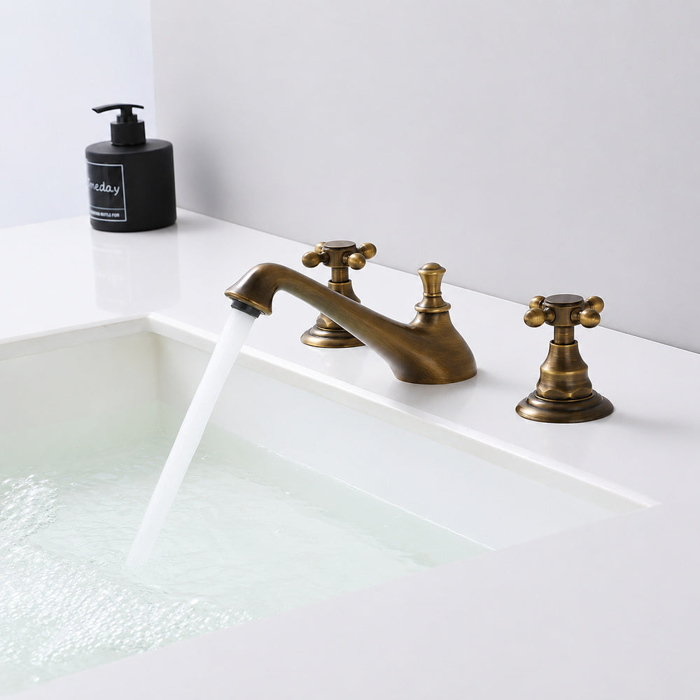 Antique Brass Traditional Widespread Bathroom Faucet, Dual Cross Handles 3-Hole Basin Tap