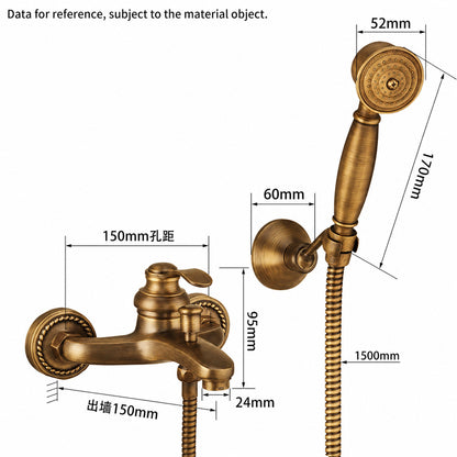 Antique Brass Wall-Mount Tub Faucet, Single-Handle Bath Shower Mixer Tap with Handheld Shower