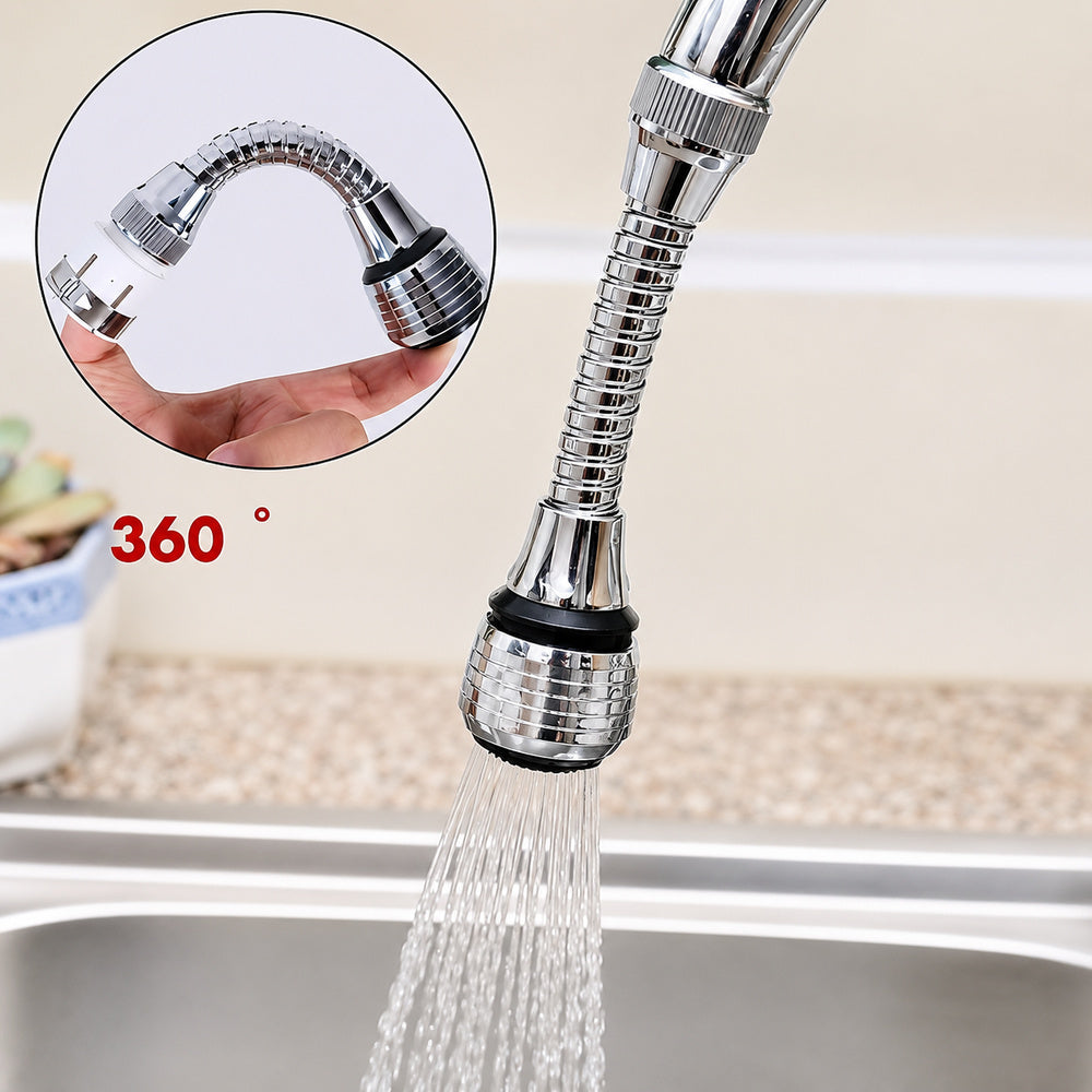 Modern Chrome 360-Degree Flexible Faucet Aerator, 2-Mode Spray Faucet Extender with Universal Clamp Adapter
