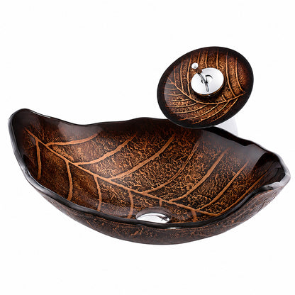 Modern Leaf-Shaped Glass Vessel Sink, Single-Handle Waterfall Spout Faucet Combo with Pop-Up Drain, Multi- / Bronze / Black / Gold