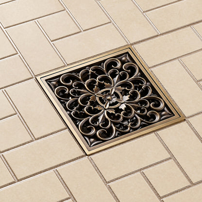 Antique Bronze Square Brass Floor Drain, Vintage Shower Drain Grate with Removable Carved Cover