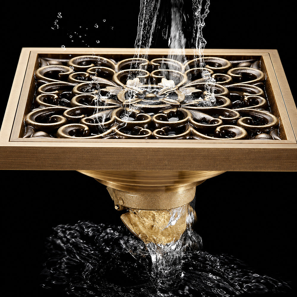 Antique Brass Traditional Square Floor Drain, Floor-Mounted Brass Drain with Removable Grate