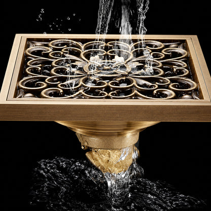 Antique Brass Traditional Square Floor Drain, Floor-Mounted Brass Drain with Removable Grate