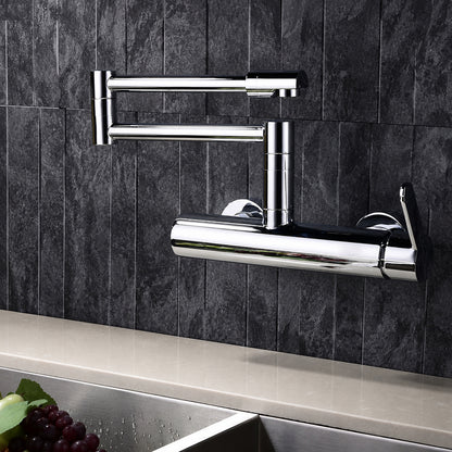 Chrome Wall-Mount Kitchen Faucet, Double-Joint Folding Swivel Spout Brass Faucet