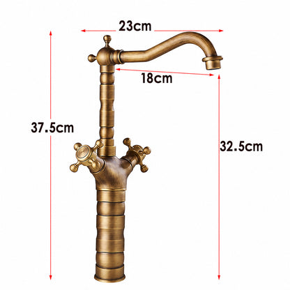 Antique Brass Vessel Sink Faucet, Traditional Double Handle Swivel Faucet with Pop-Up Drain