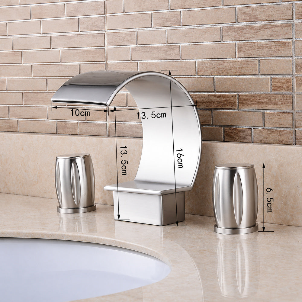 Brushed Nickel Widespread Bathroom Faucet, Contemporary 3-Hole Faucet, Double-Handle Waterfall Spout Faucet