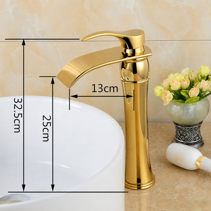 Polished Gold Waterfall Vessel Sink Faucet, Single-Handle Brass Bathroom Faucet