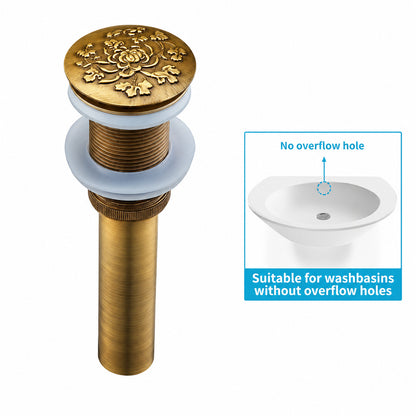 Antique Brass Vintage Pop-Up Sink Drain with Overflow, Solid Brass Bathroom Vanity Vessel Sink Drain Assembly