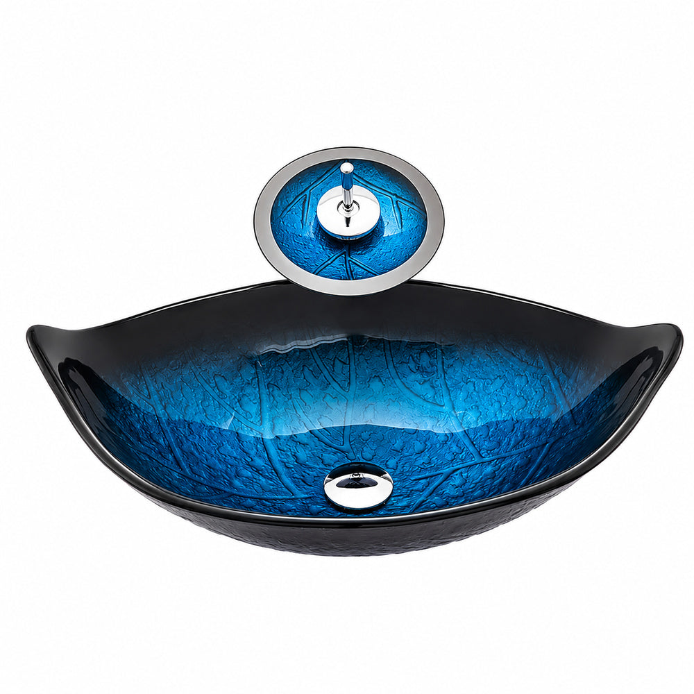 Modern Leaf-Shaped Glass Vessel Sink, Single-Handle Waterfall Spout Faucet Combo with Pop-Up Drain, Multi- / Bronze / Black / Gold