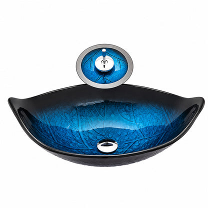 Modern Leaf-Shaped Glass Vessel Sink, Single-Handle Waterfall Spout Faucet Combo with Pop-Up Drain, Multi- / Bronze / Black / Gold