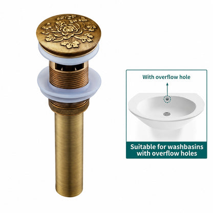 Antique Brass Vintage Pop-Up Sink Drain with Overflow, Solid Brass Bathroom Vanity Vessel Sink Drain Assembly