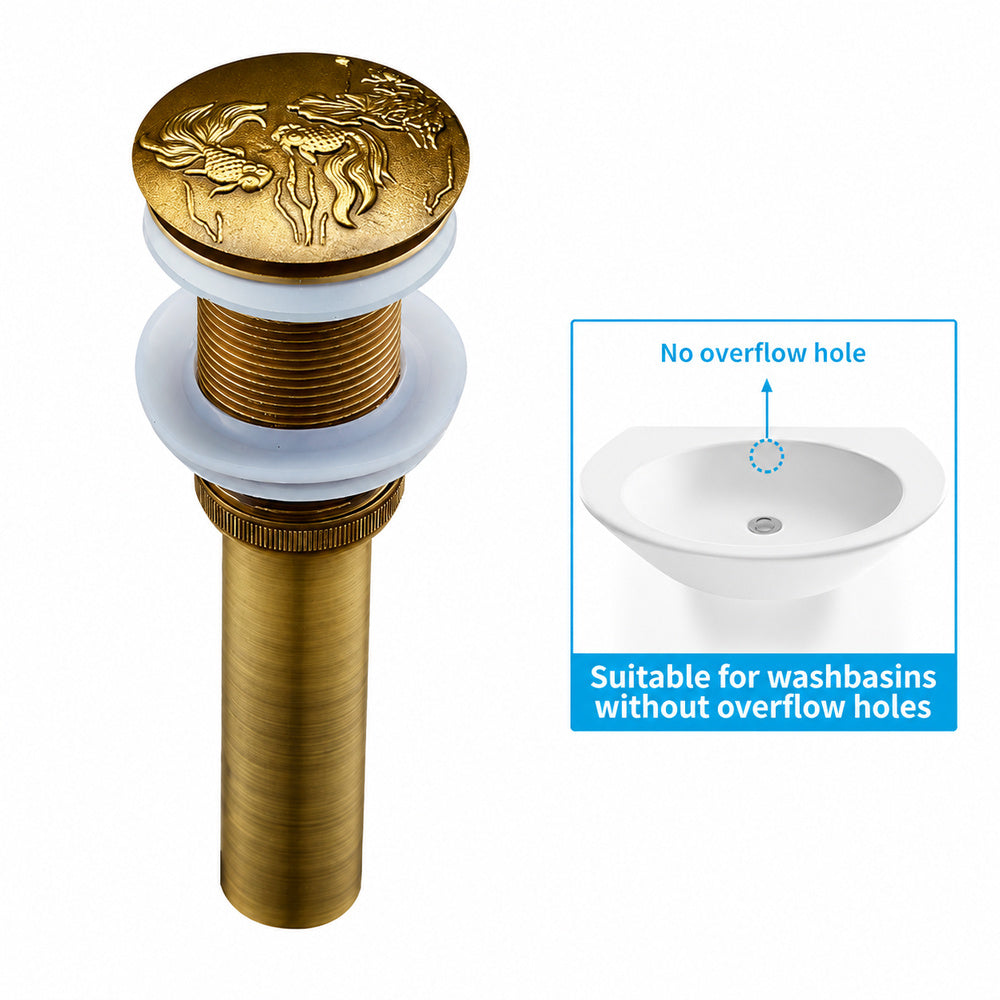 Antique Brass Vintage Pop-Up Sink Drain with Overflow, Solid Brass Bathroom Vanity Vessel Sink Drain Assembly