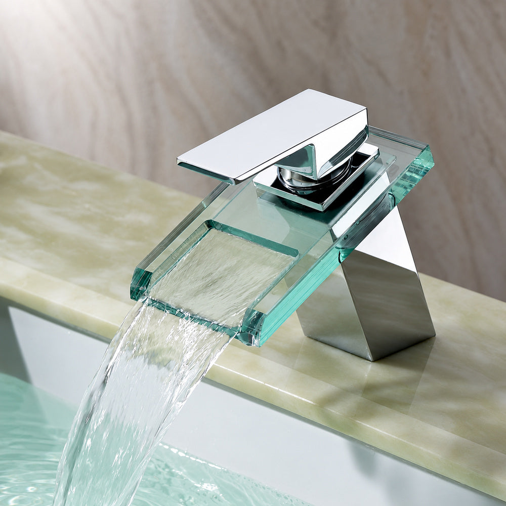 Chrome Contemporary Bathroom Faucet, Single-Handle Glass Waterfall Spout Faucet