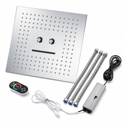 Chrome LED Waterfall Ceiling-Mount Shower Head, Large Square Stainless Steel Shower Head