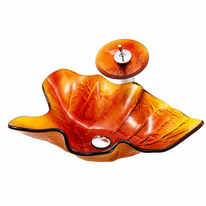 Modern Leaf-Shaped Glass Vessel Sink, Single-Handle Waterfall Spout Faucet Combo with Pop-Up Drain, Multi- / Bronze / Black / Gold