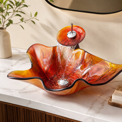Modern Leaf-Shaped Glass Vessel Sink, Single-Handle Waterfall Spout Faucet Combo with Pop-Up Drain, Multi- / Bronze / Black / Gold